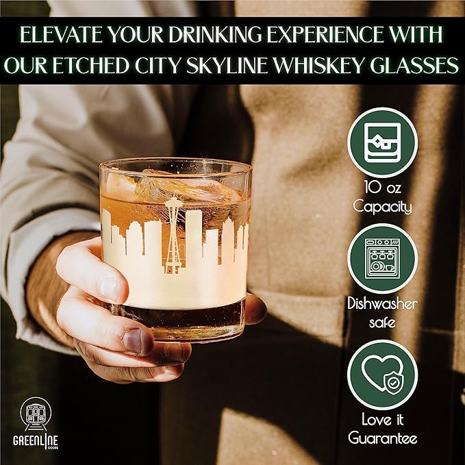 Greenline Goods Skyline Etched Seattle Whiskey Glasses Gift (Set of 2) | Old Fashioned Tumbler – For Seattle Lovers