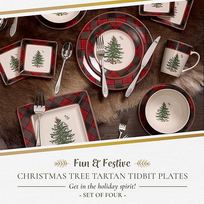 Spode Christmas Tree Tartan Square Tidbit Plates (Set of 4) - 5" Holiday Appetizer Platter for Christmas Entertaining - Traditional Tartan Plaid with Iconic Tree Motif - Microwave and Dishwasher Safe