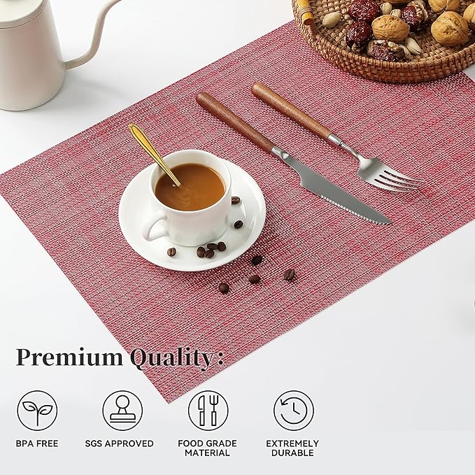 Leetaltree Red Placemats Set of 4 - Heat Resistant Non-Slip Place mats for Dining Table, Washable Durable PVC Vinyl Woven Table Mats（Red, 4）