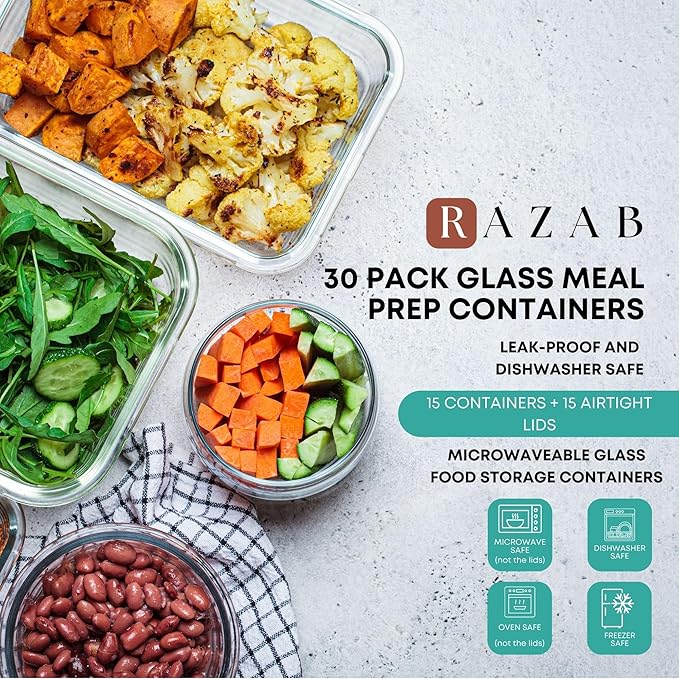 Razab 30 PC Glass Food Storage Containers with Lids - Reusable Glass Meal Prep Containers for Lunch & Leftovers - Airtight & Leakproof Snap Locking Lids - Oven, Freezer, Microwave & Dishwasher Safe