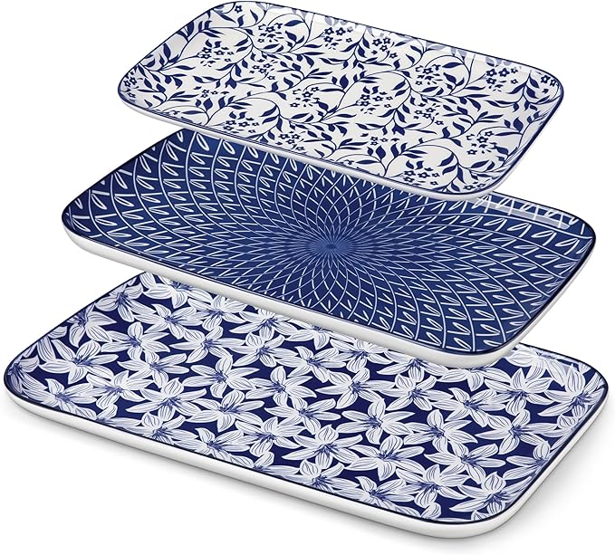 vancasso Serving Platters Set of 3, 16"/14"/12" Inch Rectangular Trays - Serving Platter Extra Large, Ceramic Serving Dish Microwave & Dishwasher Safe (Vintage Blue A)