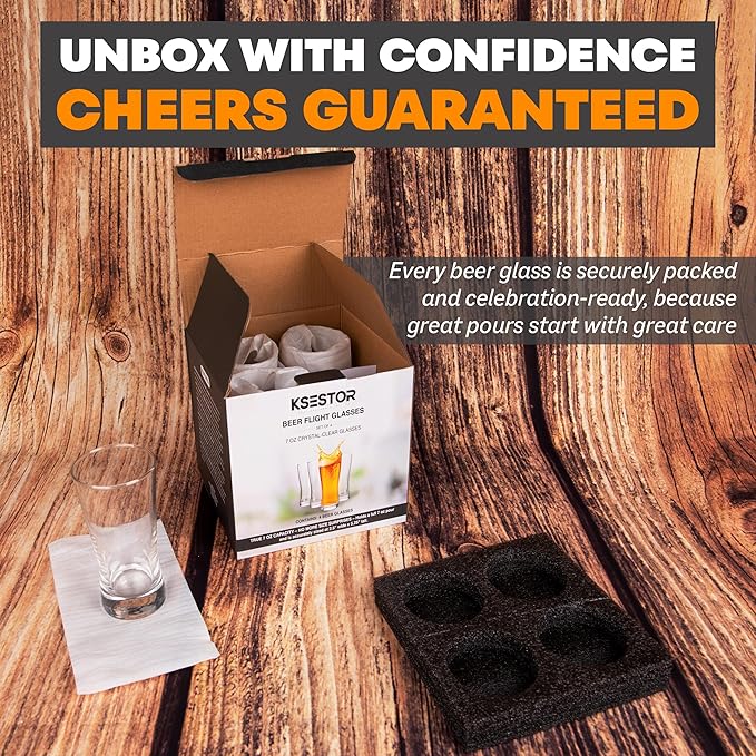 Beer Flight Glasses Set of 4 – Small 7 OZ – Beer Tasting Glasses for Craft Flights & Drink Sampler Trays – Durable Mini Pub Cups for Tastings