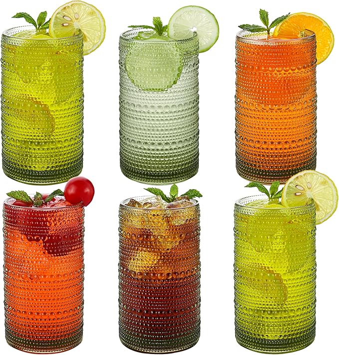 Vintage Hobnail Drinking Glasses Set of 6, 16 oz Large Capacity Embossed Green Tumblers, Highball Glasses for Water, Cocktail, Beer, Whiskey, Kitchen & Bar Use