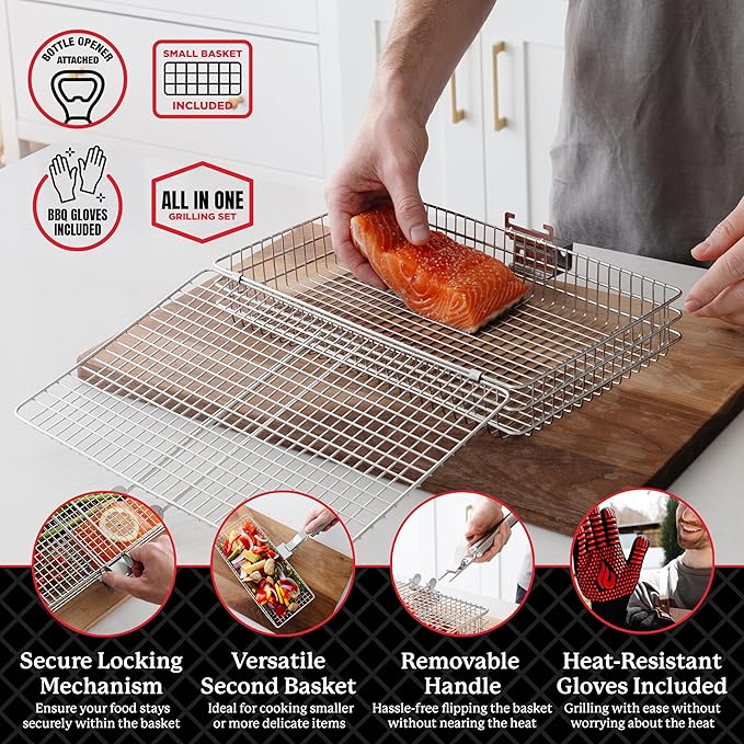 BLAZIN' GRILL Baskets for Outdoor Grill | 2 Grilling Baskets with Detachable Handle | Grill Baskets for Outdoor Grill with BBQ Gloves | Barbecue Grill Set for Vegetables, Seafood & Meat | Fish Grill Basket