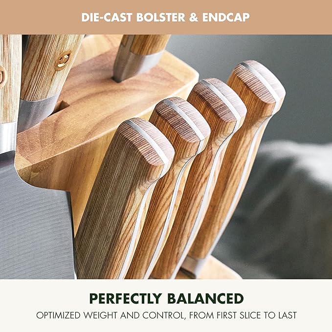 GreenPan Elite 13 Piece Wooden Knife Block Set, Professional Stainless Steel Blades with Titanium Coating, Ultra-Sharp Kitchen Cutlery, Chef, Santoku, Bread & Steak Knives, Ergonomic Wood Handles