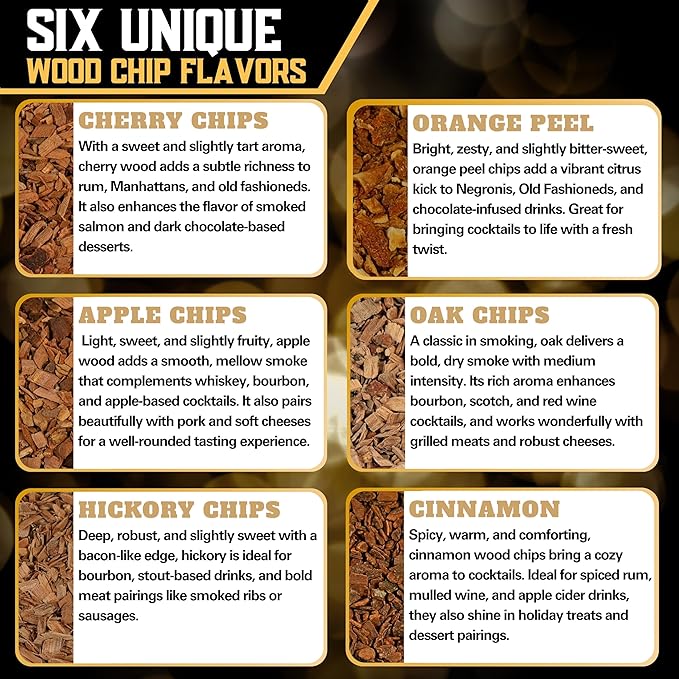 Whiskey Smoker Kit | Cocktail Smoker Kit| Bourbon Smoker Kit| Old Fashioned Smoker Kit with Torch & Glasses, 6 Wood Chips & Gift Box for Smoking Drinks| Whiskey Gift for Men (No Butane Incl.)