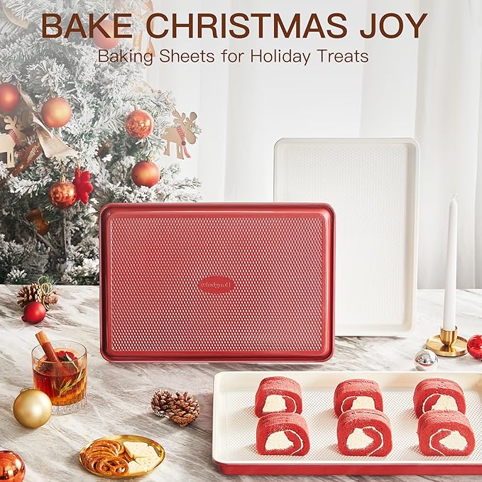 HONGBAKE 3 Pack Nonstick Ceramic Baking Sheet Pan Set for Oven, Non-Toxic Half/Quarter/Jelly Roll Pans with Diamond Texture, 0.8mm Aluminized Steel Cookie Trays for Cooking, Christmas Red & Cream