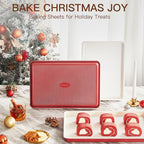 HONGBAKE 3 Pack Nonstick Ceramic Baking Sheet Pan Set for Oven, Non-Toxic Half/Quarter/Jelly Roll Pans with Diamond Texture, 0.8mm Aluminized Steel Cookie Trays for Cooking, Christmas Red & Cream