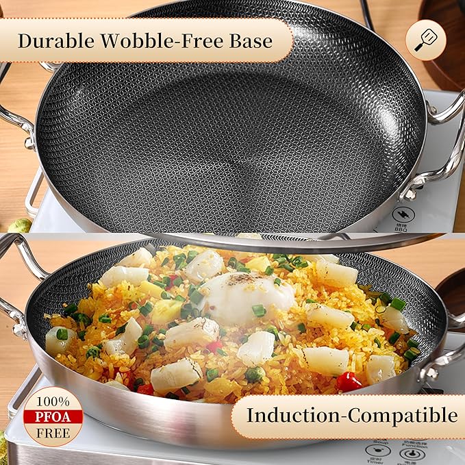 Inqibee 13-Incn Hybrid Tri-Ply Stainless Steel Ceramic Non Stick Paella Pan with Lid,Griddle,Large Skillet,Induction Cooking Pan,Dishwasher and Oven Safe