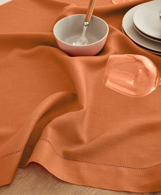 Solino Home Linen Square Tablecloth 52 x 52 Inch - 100% Pure Linen Pumpkin Table Throw - Classic Hemstitch, Machine Washable Table Cloth for Fall, Autumn, Halloween