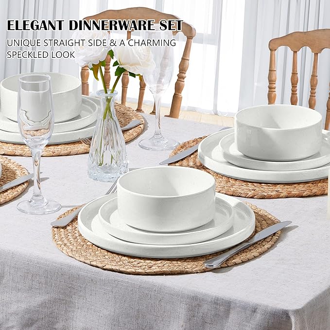 E-far Stoneware Dinnerware Sets, 12-Piece Plates and Bowls Dish Set for 4, Kitchen Modern Dinning Dishware, Chip and Scratch Resistant, Microwave & Dishwasher Safe, Speckled White