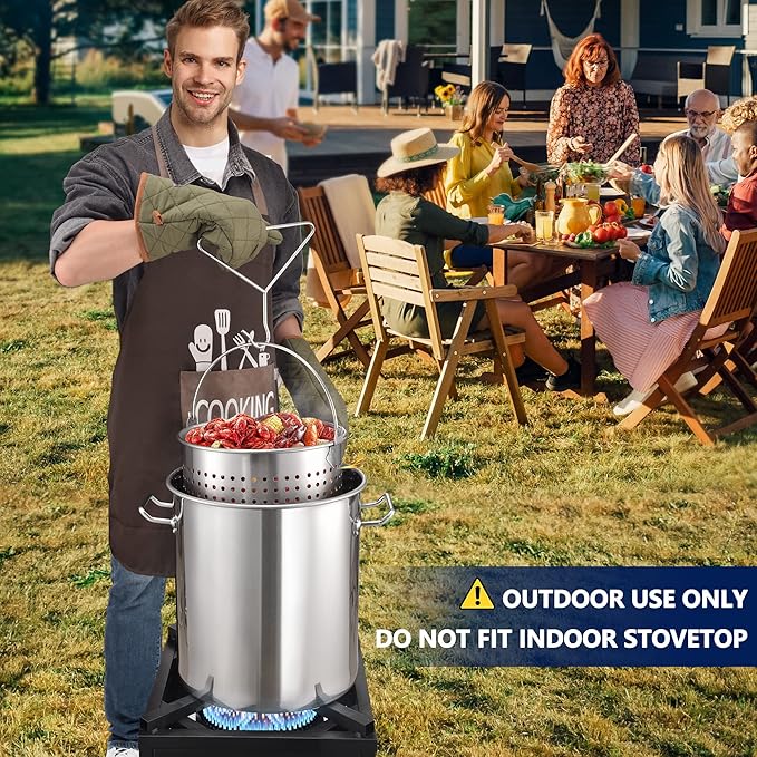ARC 40QT Seafood Boiling Kit, 200,000BTU Propane Burner with Stainless Steel Crawfish Boil Pot w/Basket and Steamer Rack, For Outdoors Cooking and Steaming, Large Turkey Fryer Pot, Lobster Shrimp Pot