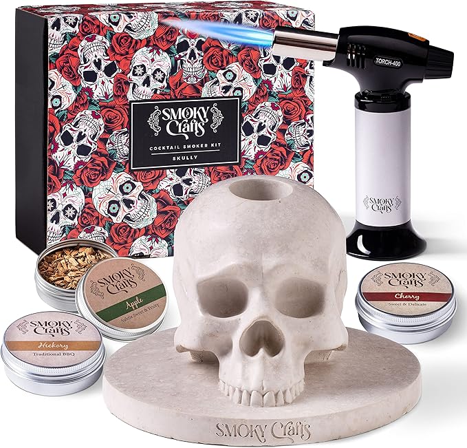 Whiskey Smoker Kit with Torch - Old Fashioned Smoker Kit comes with Skull-Shaped Smoke Infuser, Culinary Torch and Wood Chips (Apple, Cherry, Hickory) - Gifts for Men (Without Butane)