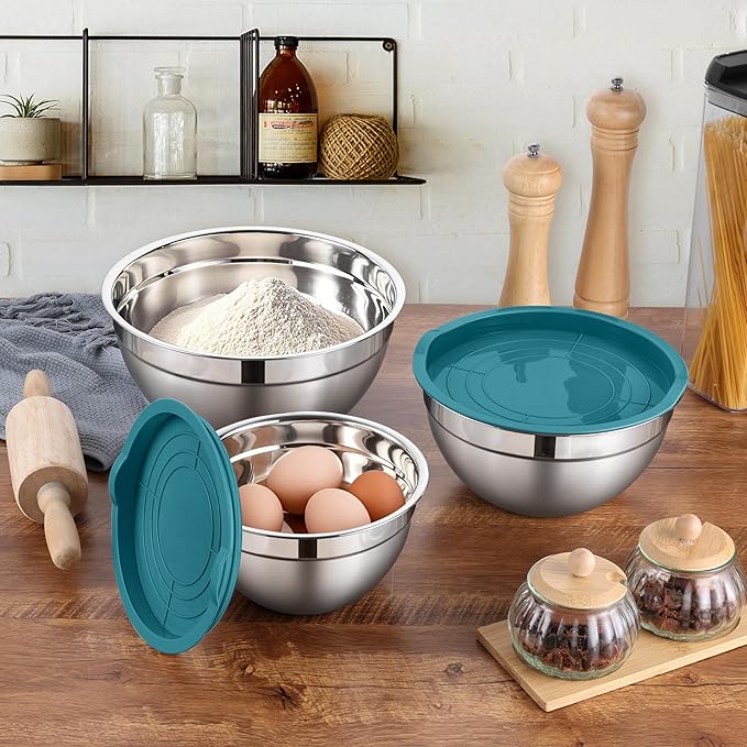 LIANYU Mixing Bowls with Airtight Lids, 14-Piece Stainless Steel Large Metal Nesting Bowl Set with Silicone Bottom, Size 4.6, 3, 1.5QT, Perfect for Baking Preparing and Cooking, Dark Blue