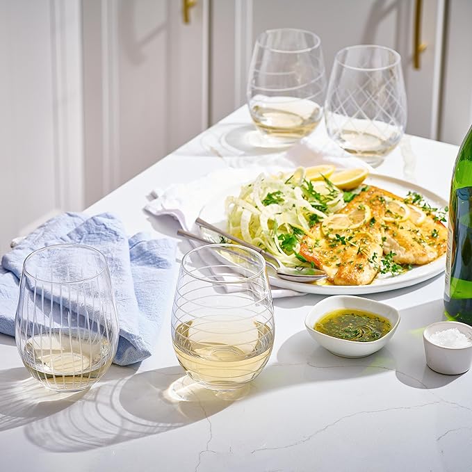 Set of 4 Etched Stemless Wine Glasses - Wine Tumbler Drinking Glass Cups - Kitchen Water Glasses Gift Cup Sets - Lowball Cocktail Glasses for Wedding Anniversary Drink