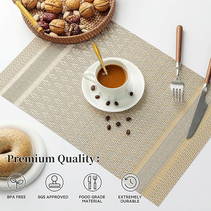 Leetaltree Stardust Yellow Placemats Set of 6 - Heat Resistant Non-Slip Place mats for Dining Table, Washable Durable PVC Vinyl Woven Table Mats（Stardust Yellow, 6）