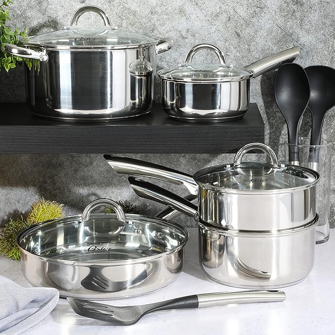 Oster Sangerfield 12-Piece Stainless Steel Cookware Set With Kitchen Tools, Non-Stick Pots and Pans, Durable Oven Safe Cookware for Home Cooking