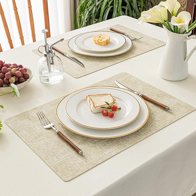 Romanstile Vinyl Placemats Set of 6-12 X 18 Inch - Heat Resistant Place Mats 100% Waterproof Oilproof Wipeable Reversible Faux Leather Table Mats for Kitchen/Dining/Party/Outdoor, Beige