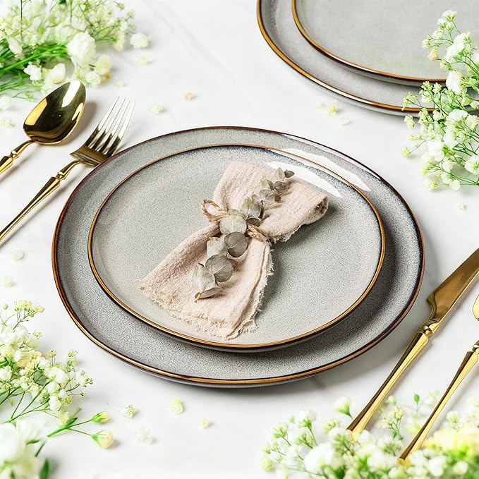 AmorArc Ceramic Dinnerware Sets,Handmade Reactive Glaze Stoneware Plates and Bowls Sets,Highly Chip and Crack Resistant | Dishwasher & Microwave Safe Dishes Set,Service for 4 (12pc)