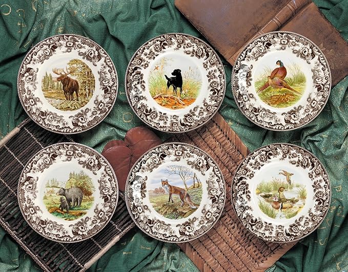 Spode Woodland Wood Duck Salad Plate - Wildlife Design with British Flowers Border, Holiday Dinnerware for Salad, Dessert or Appetizers, 8" Fine Porcelain - Dishwasher, Microwave, Freezer & Oven Safe