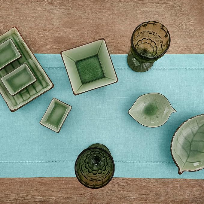 Solino Home Linen Aqua Blue Table Runner 72 Inches Long - 100% Pure Linen Hemstitch Table Runner 14 x 72 Inch for Dresser, Dining and Summer - Classic Hemstitch