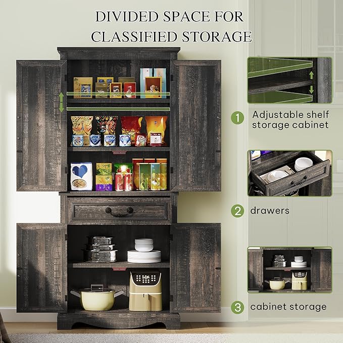 DWVO 71" Tall Kitchen Pantry Cabinet, Farmhouse Freestanding Storage Cabinet with Doors, Drawer and Adjustable Shelves for Kitchen, Living Room, Dining Room, Rustic Dark Oak