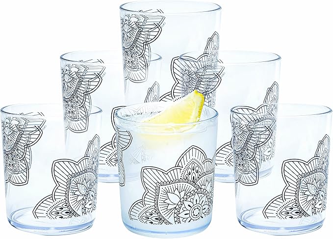 bzyoo BPA-Free Designed Dishwasher Safe 14 oz Plastic Tumbler Set which is Durable and Stackable Great For Parties, Anniversaries (6 PCS, Mandala Black)