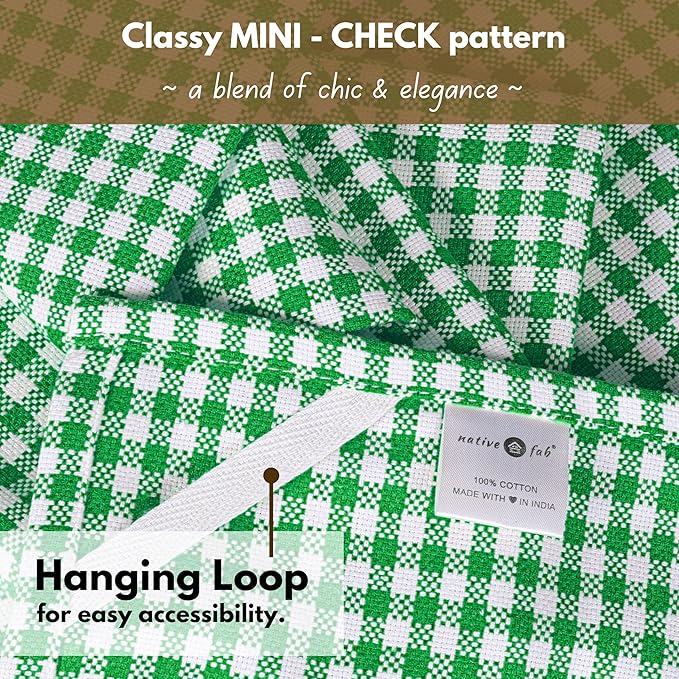 Native Fab Kitchen Dish Towels 16x26 inches Set of 4 Gingham Mini Check- 100% Cotton Dish Cloths for Washing Dishes, Absorbent Hand Towels with Hanger - Green White