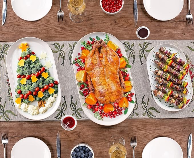 Large Serving Platter - 16"/14"/12" Oval Serving Tray, Ceramic Turkey Platters for Entertaining, Christmas Party, Set of 3, White