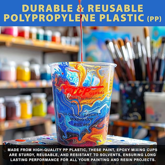 Custom Shop Paint Mixing Cups, 64-Ounce (12 Pack) - Plastic Measuring Cups for Liquids, Automotive Painting, Epoxy Resin, Acrylic Arts, Crafts, Disposable or Reusable, Graduated, Mixing Ratios
