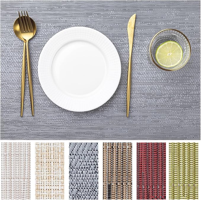 LEXMORE PVC Woven Placemats 4 PCS Wipeable Indoor/Outdoor Table Mats Washable Vinyl Place Mat for Dining Table, Set of 4-Gray