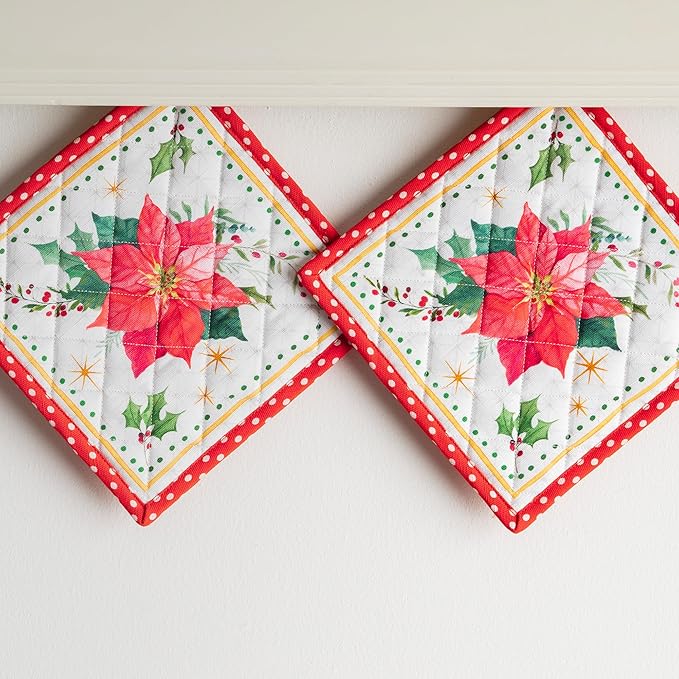 Maison d' Hermine Pot Holders Set 100% Cotton Heat Resistant Potholders 8" x 8" Hot Pads with Loop BBQ, Cooking, Baking, Grilling, Kitchen, Handling Hot Pans (Pack of 2, Poinsettia Christmas)