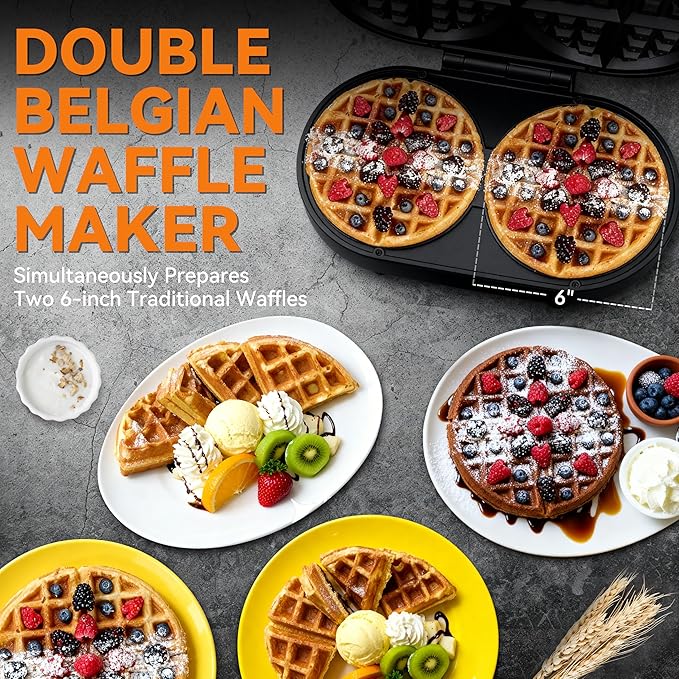 Baker’s Friend Double Belgian Waffle Maker Thick, 2 X 6” Round Waffle Maker, Belgium Waffle Iron, Waflera Electrica with Non-stick Plates, 1200W, Perfect for Kids & Family Breakfast, Graphite