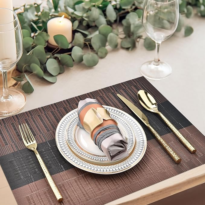 Brown Placemats Set of 4 - Easy Clean Modern Durable Washable Vinyl Place Mats - Heat Resistant Placemats for Kitchen Table - PVC Table Mats for Dining Table (Brown Black, 4)