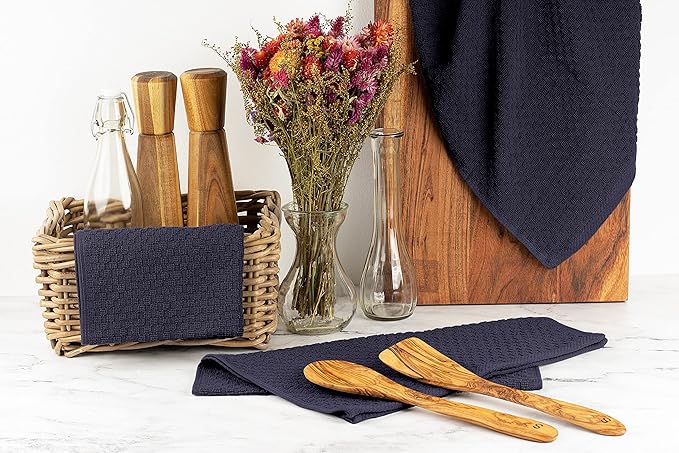 [12 Pack] Cotton Kitchen Towels - Waffle Weave for Embroidery Absorbent Terry Cloth Dish Towels for Washing Hand and Drying Dishes Rags 15x26 Inches, Navy