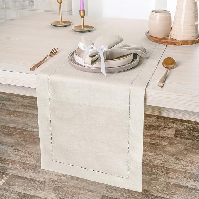 D'Moksha Homes Linen Light Natural Table Runner 90 Inches Long - Classic Hemstitch 100% Pure Linen Dining Table Runner 14 x 90 Inch for Summer, Fall and Halloween