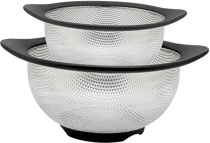 Stainless Steel Colander for Kitchen Metal Colanders & Food Strainers, Small and Large Sink Colander Set, Black Non-Slip Grip, (3 QT and 5 QT)