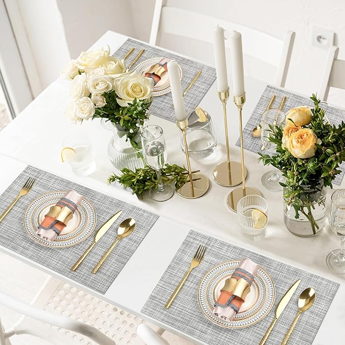 Placemats Set of 4 - Easy Clean Washable Vinyl Placemats - Wipeable Heat Resistant Table Mats for Dining Table - 17.7x11.8 Inch (4, Black & White Two-Tone)