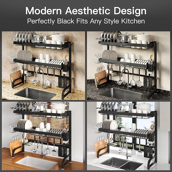 3 Tier Extra Large Stainless Steel Expandable Over The Sink Dish Drainer Drying Rack, Rust Proof Metal, Space Saving, Modern Black Big Capacity Extendable Plate Strainers Above Kitchen Counter