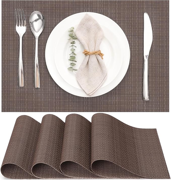 Myir JUN Placemats Set of 4, Vinyl Woven Placemats Place Mats Indoor Set of 4 Washable Table Mats Non-Slip Place mats for Dining Table (Coffee, Set of 4)