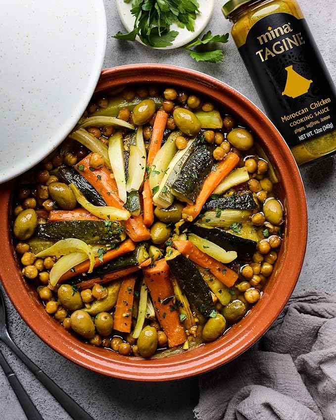 Mina Tagine Moroccan Chicken Simmer Sauce, 12 oz - Classic Ginger Saffron Made with Turmeric, Lemon & Olive Oil, Tagine Seasoning, Chicken Sauce, Garlic Sauce, Moroccan Spices