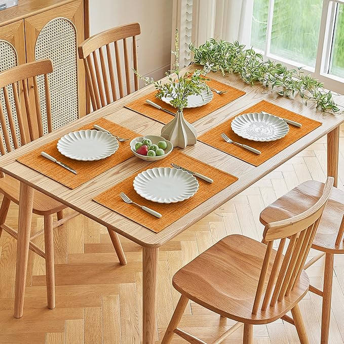 Softalker Faux Linen Placemats Set of 4-12 x 18 Inch, Heat Resistant Double Layered Durable Burlap Farmhouse Place Mats, Non-Slip Washable Rustic Table Mats for Dining, Kitchen, Party（Orange