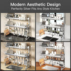 3 Tier Extra Large Stainless Steel Expandable Over The Sink Dish Drainer Drying Rack, Rust Proof Metal, Space Saving, Modern Silver Big Capacity Extendable Plate Strainers Above Kitchen Counter