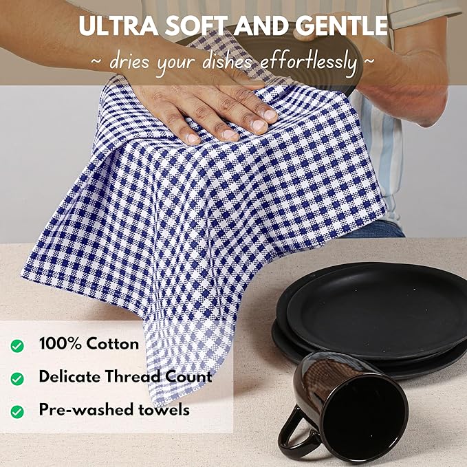 Native Fab 12 Pack Gingham Mini Check Kitchen Dish Towel Cotton Durable Washable 16"x26" - Tea Towels, Soft Absorbent Cleaning Towels, Hand Towel with Hanging Loop - Blue White