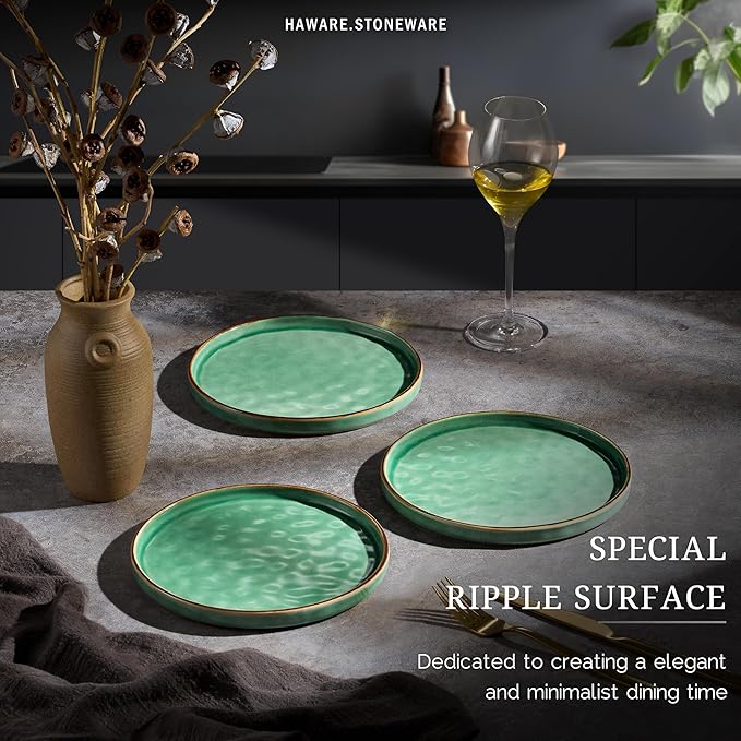 HaWare Stoneware Plates Set of 6, 7.9" Salad Plates, Reactive Glaze Ripple Ceramic Dish Set for Appetizer, Dessert, Scratch Resistant, Small Dinner Plate, Microwave and Dishwasher Safe, Reactive Green
