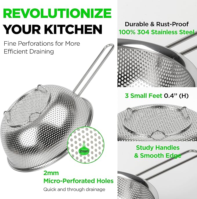 Premium 18/8 304 Stainless Steel Strainer Set of 3 with Long Handle, Micro-Perforated Colanders 1.5-2.5-4 Quart Set, Self-Draining Solid Base for Pasta, Fruits, Vegetables, Made in Korea