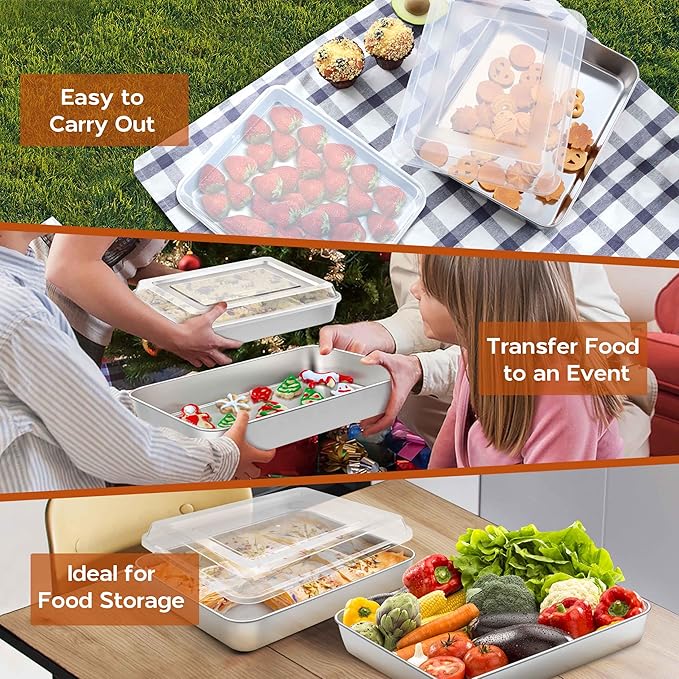 Baking Pan with Lid, Stainless Steel Lasagna Rectangle Cake Browinie Pan, 9¾ x 12½ x 2 Inch, Set of 3