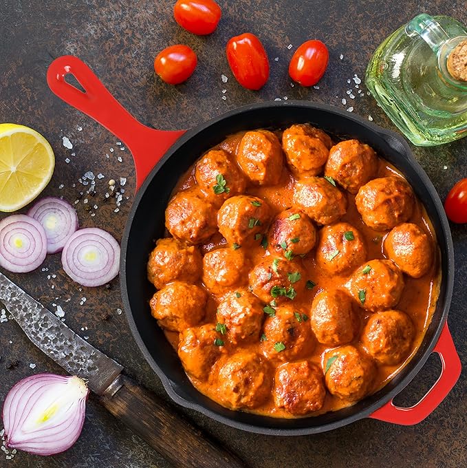 Utopia Kitchen Saute Frying Pan 12 Inch, Cast Iron Chefs Pan, Pre Seasoned Cast iron Skillet With Lid, Safe Grill Cookware for Indoor & Outdoor Use, Red