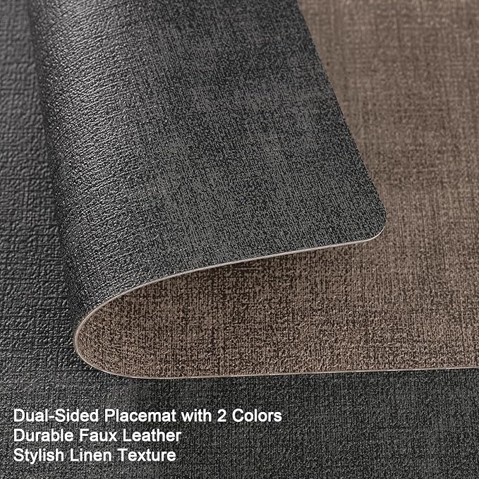 Myir JUN Placemats Dual Sided, Faux Leather Place Mats Set of 8 Indoor Placemat for Dining Table Non-Slip Washable Place Mat Heat Resistant Outdoor Table Mats (Set of 8, Gray Brown)
