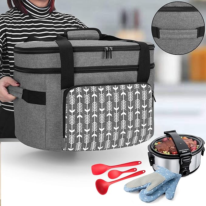 Yarwo [Upgraded Slow Cooker Travel Bag with Bottom Board Compatible with Crock-Pot and Hamilton Beach 6 7 8 Quart, Double Layers Slow Cooker Carrier, Gray with Arrow (Bag Only, Patent Pending)
